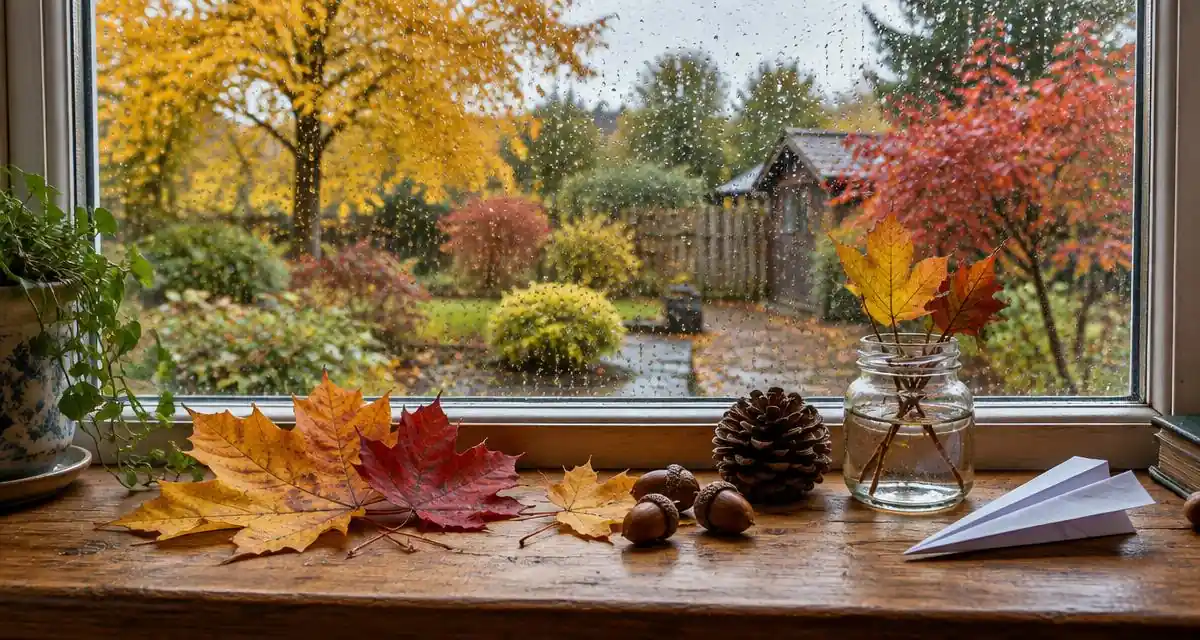 Autumn leaves, acorns and a paper airplane on a windowsill overlooking a rain-soaked garden